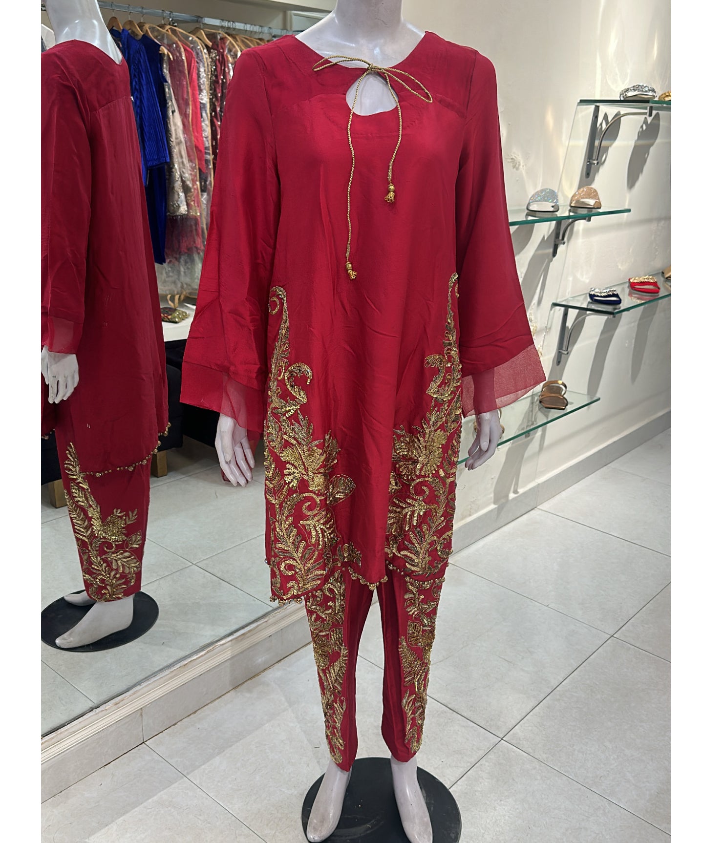 Red Raw Silk Suit for 