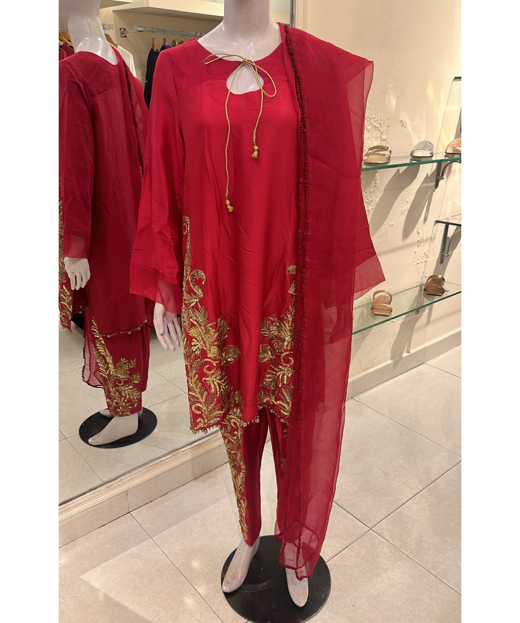 Red Embroidered Raw Silk Dress