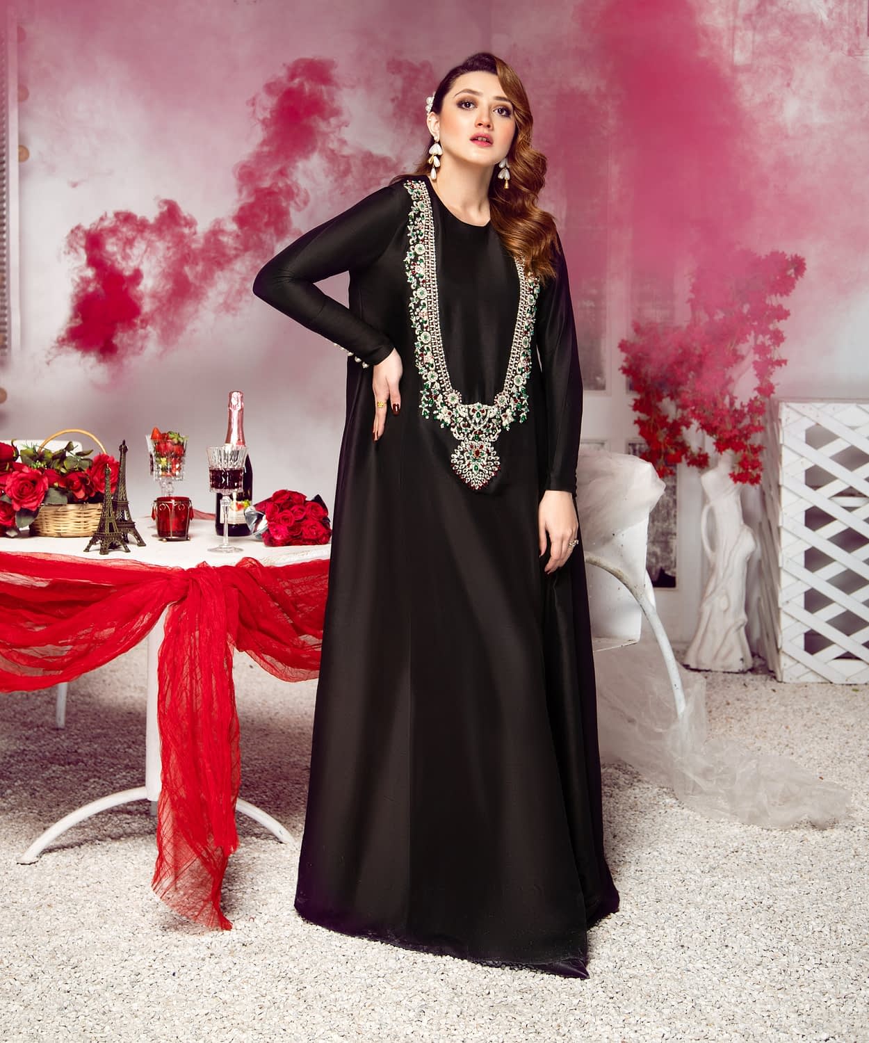 black silk maxi dress with sleeves